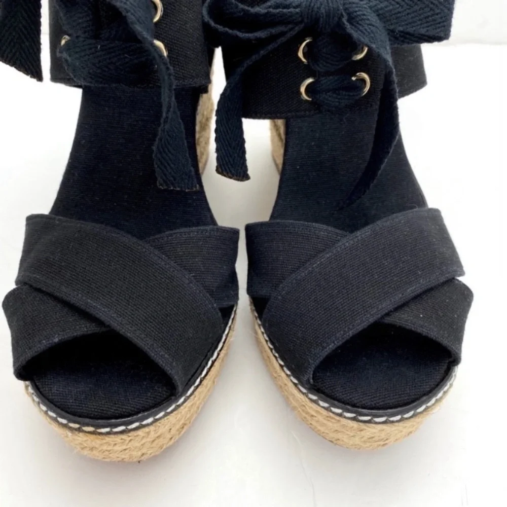TORY Burch Cross Strap Canvas Ankle Lace up Espadrilles Wedge Sandal Black Sz 10